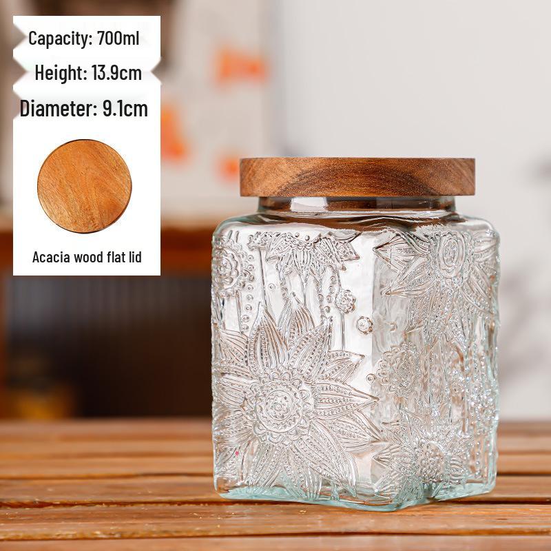 Retro Carved Storage Jar with Acacia Wood Lid for Grains, Dried Fruits, and Snacks