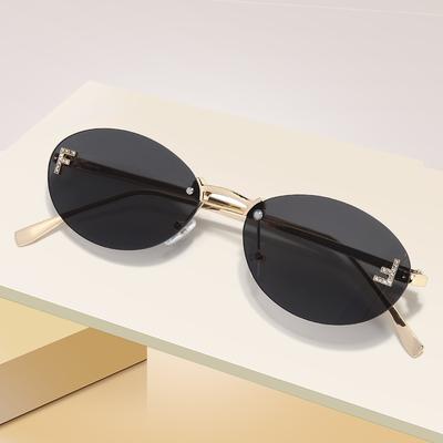 1pc Diamond Studded Letter F Frameless Oval Sunglasses for Women Men Ins Street Photography Trendy Elegant
