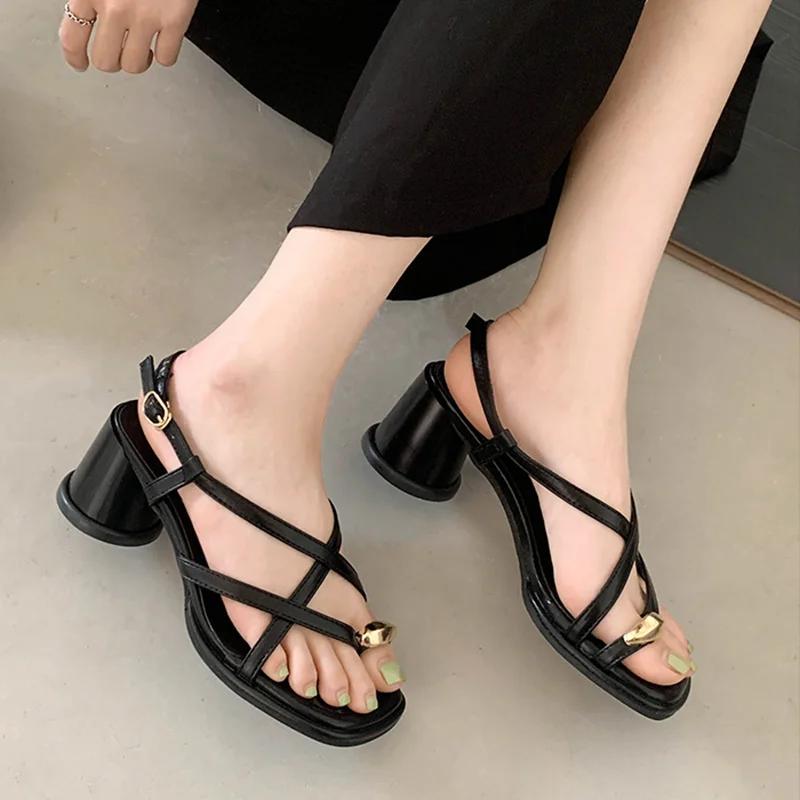 Fashion Women's Sandals Designer New Dress Metal Decoration Ladies Shoes Narrow Band Buckle Thick Heels Female Shoes Outside Party Shoes