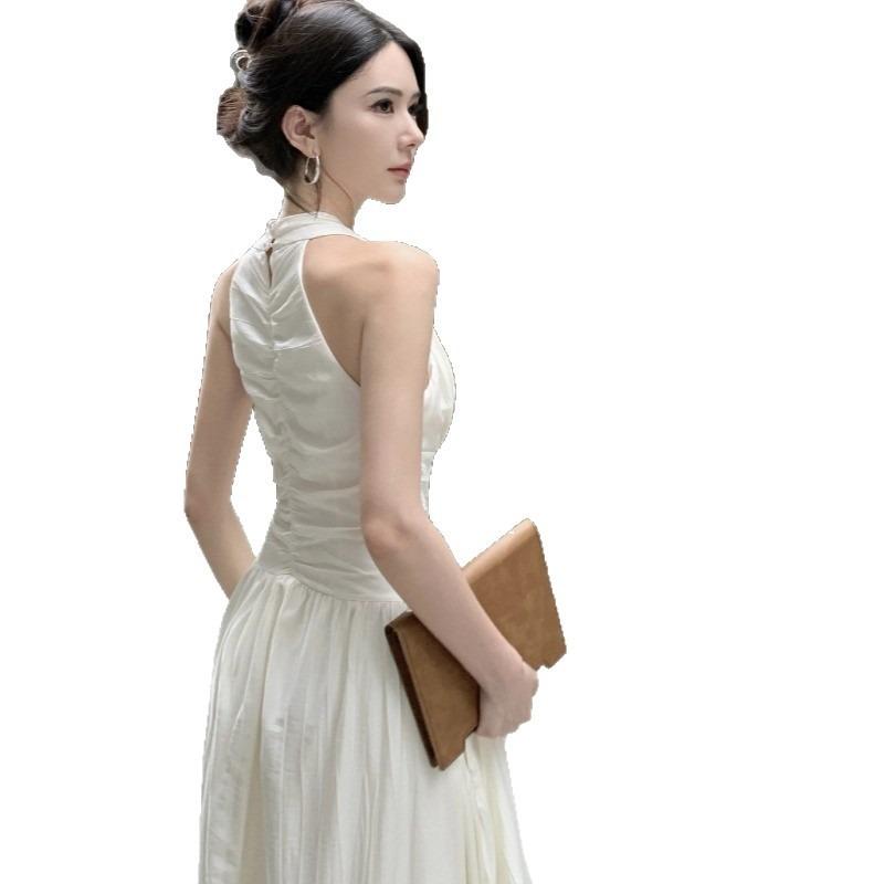 French Collar Neck Sleeveless Dress Women's Summer Temperament Waist Thin Long Dress Gentle Vacation Fairy Dress
