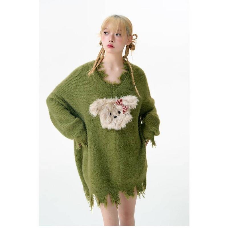 Plush Puppy Women's Round Neck Sweater V-neck Design Oversized Long Sleeved Pullover Autumn and Winter Loose Fashion New Woman Top