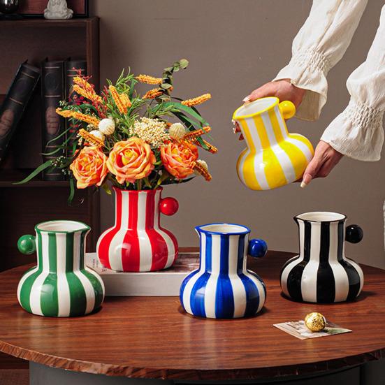 Painted Ceramic Vase Desktop Stripe Art Vase Decorative Flower Vase for Flower Arrangement Living Room Bedroom Decor