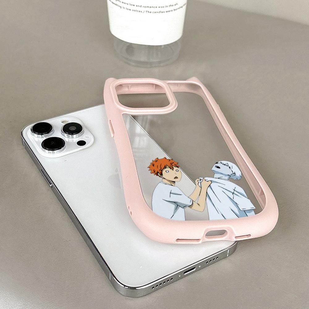 Soft Cat Ear Phone Cases for iPhone 16 15 13 12 11 Pro Max 14 Plus Silicone Anti-Drop Transparent Acrylic Back Cover N69 Anime Haikyuu X Reader Art