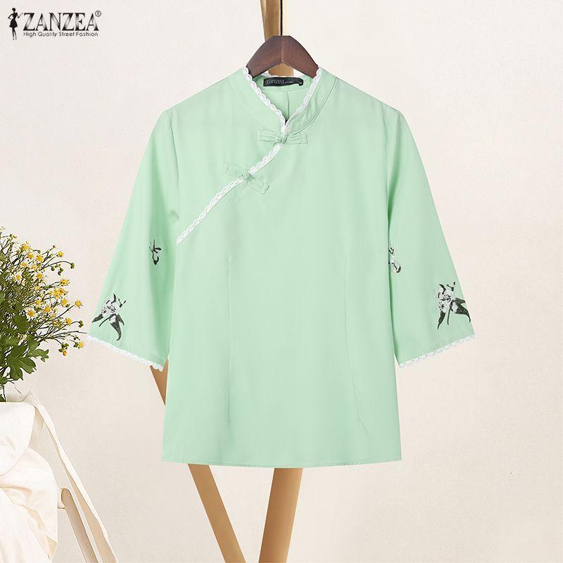 ZANZEA Women Casual Stand Collar Loose 3/4 Sleeve Blouse