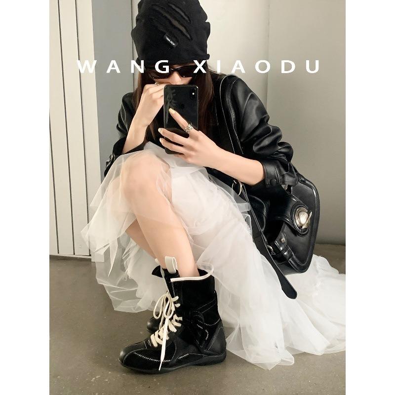 Cowhide~ Wang Xiaodu inner height increase 5cm boots Maillard short boots women's sports retro Martin boots boxing boots