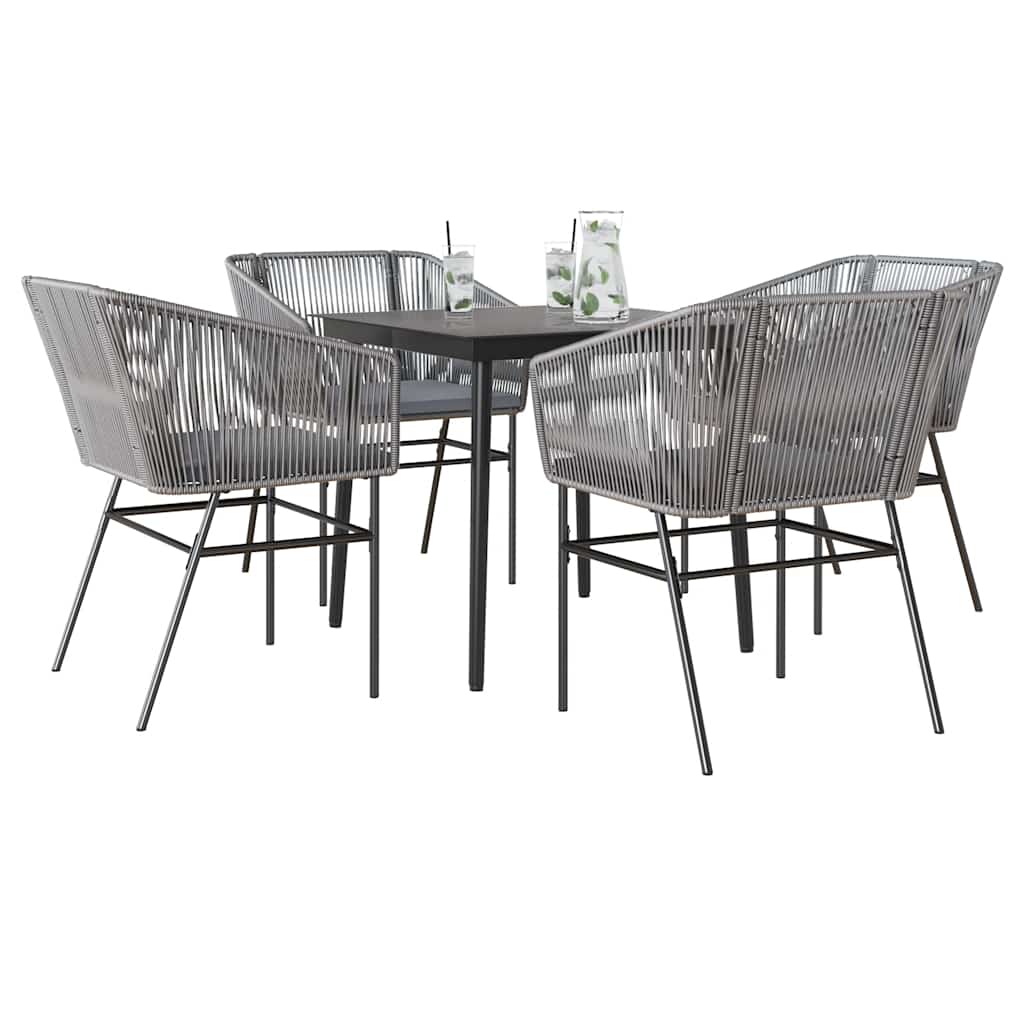 5 Piece Outdoor Dining Set with Cushions Grey Poly Rattan Glass Table