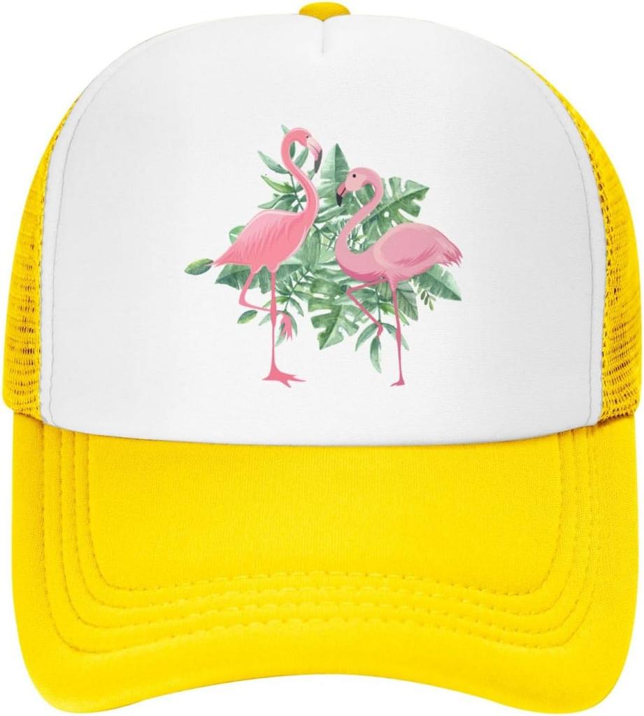 Flamingo Tropical Leaves Print Trucker Hat Adjustable Mesh Baseball Cap for Unisex Casual