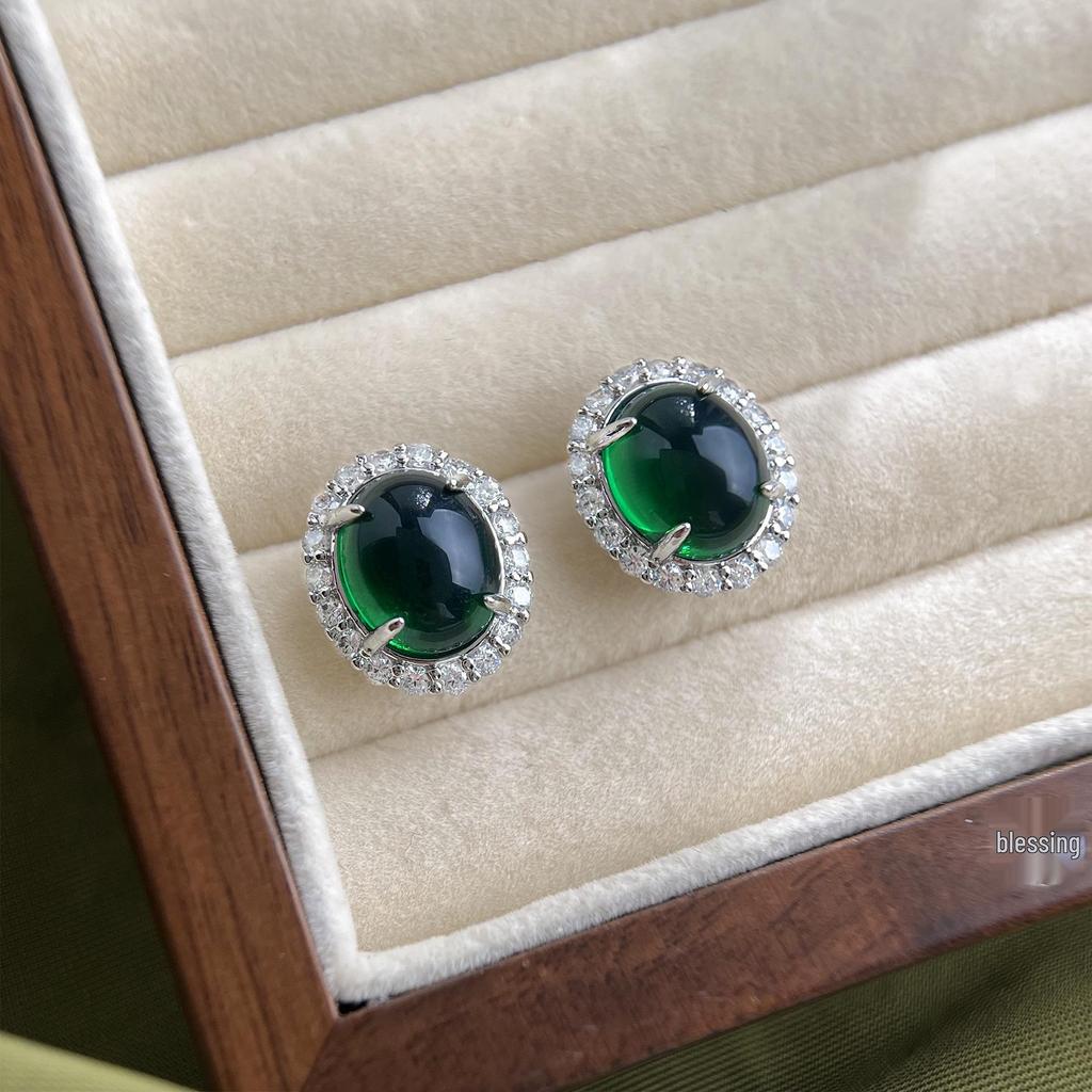 Vintage Olive Green Zircon Flower Stud Earrings - Retro Court Style with Heavy Industry Elegance for Women