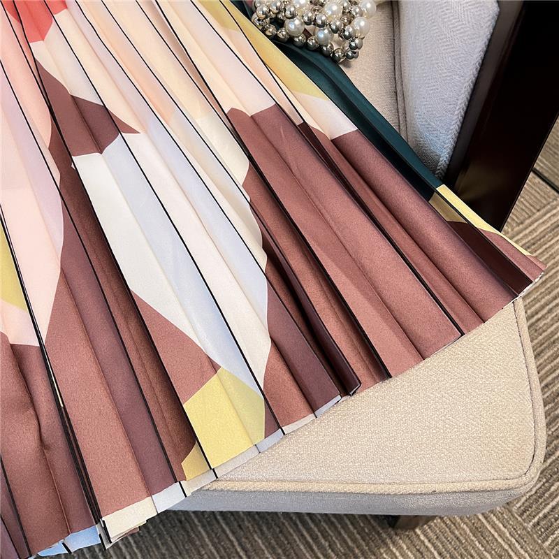 Women Spring Fall High Waist Wardrobe Color Block Printed All Match Pleated Skirt