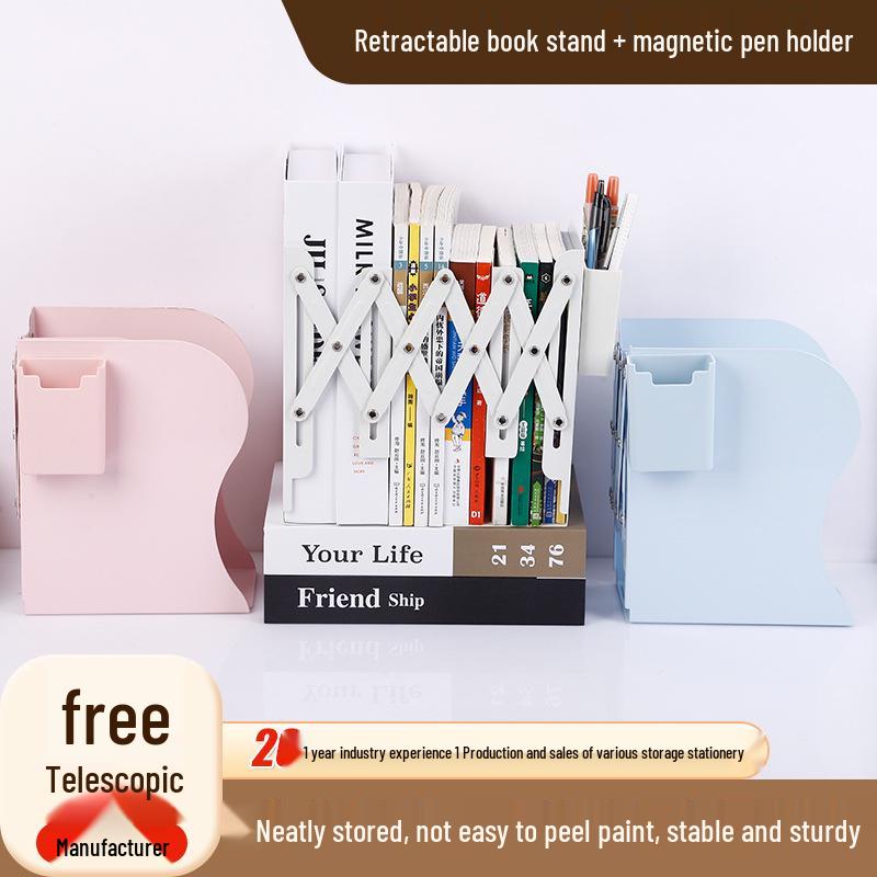 Magnetic Retractable Book Stand with Pen Holder - Desktop Bookcase Divider and Folding Fixer.
