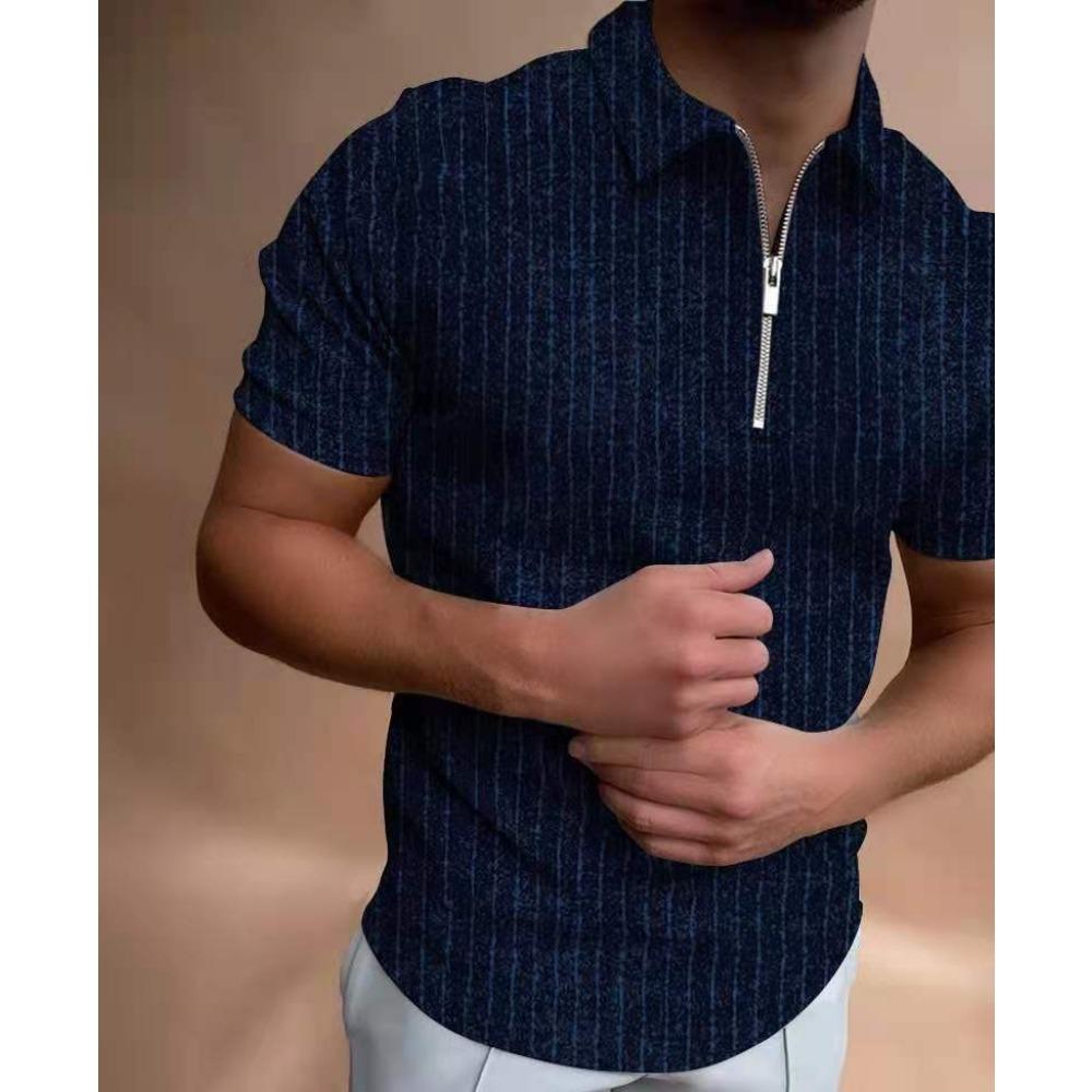 Summer Men's Casual Fashion Zipper Polos Digital Printed Stripe Plaid Pattern Mens Polo Shirts with Short Sleeve Men Clothing