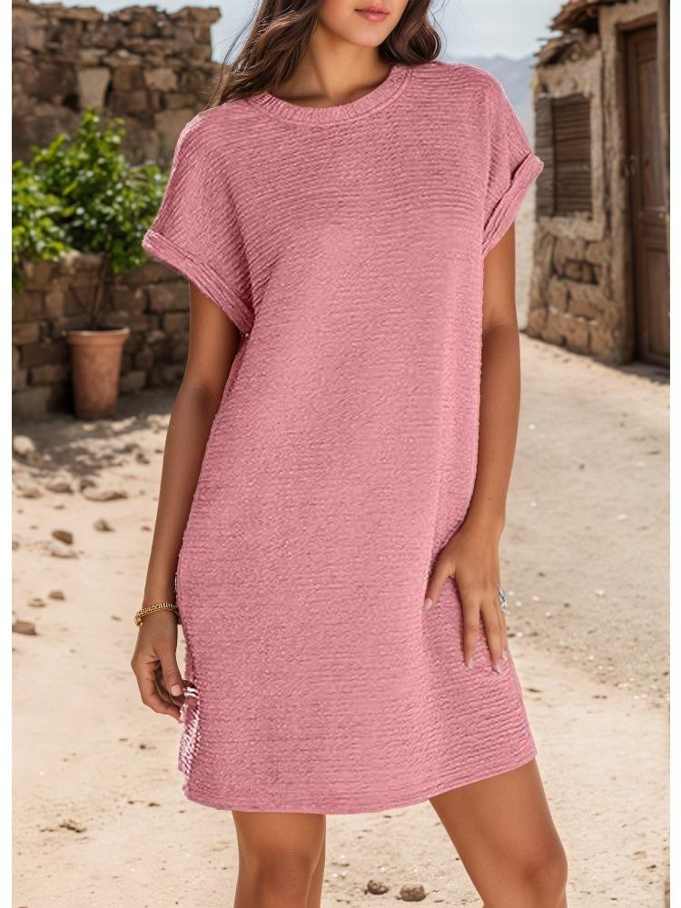 Short Sleeve Round Neck Textured Knit Dress in Multiple Colors