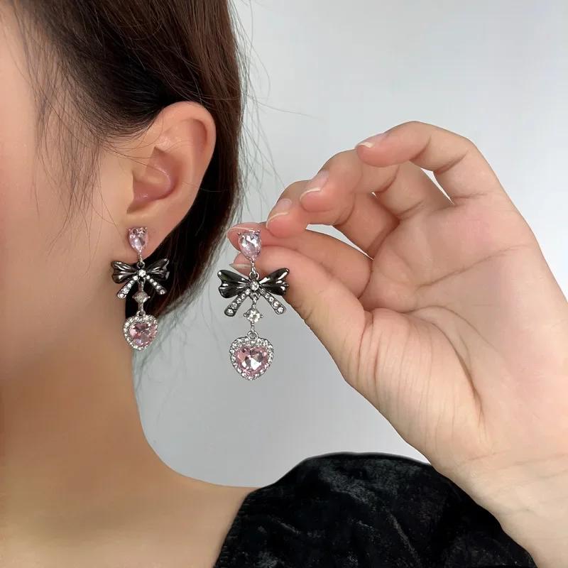 Boucle D’oreille Femmes Pink Rhinestone Love Peach Heart Bow Knot Drop Earrings For Women Gothic  Earrings Trendy Jewelry