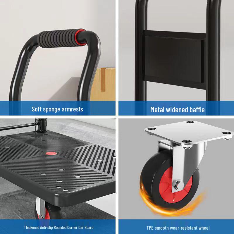 Silent Foldable Flatbed Trolley: Portable Steel Cart with Brake for Household Use