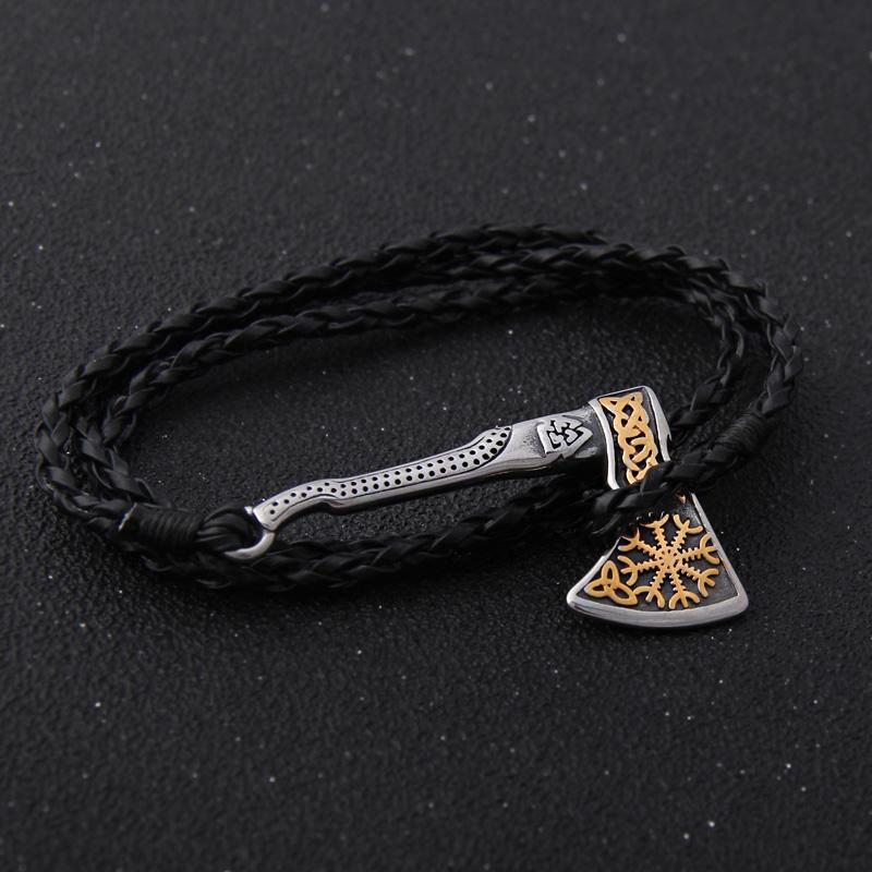 Viking Valknut Axe Leather Bracelet for Men Women Nordic Jewelry Gift with Wooden Box