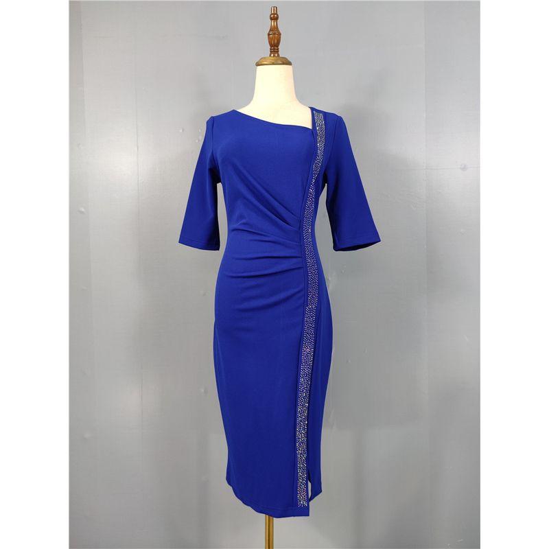 

2024 New Arrival High-End Temperament Elegant Lady of Note Silm Slim Looking Hip Sleeve Work Clothing Autumn Hot Rhinestone Dress Blue XL
