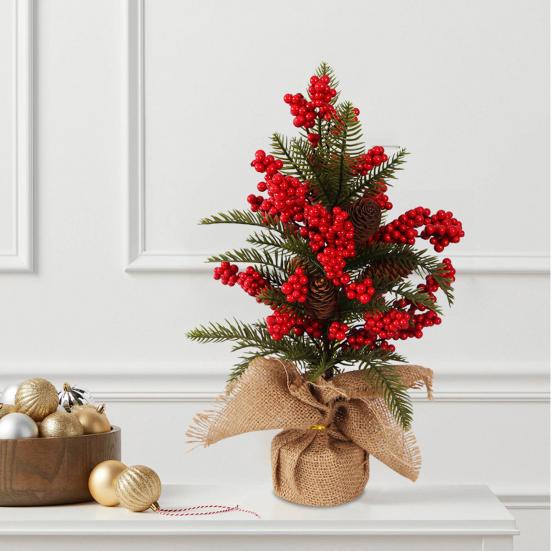 Small Christmas Artificial Plants with Burlap Base Faux Pine Branches with Red Berries/Poinsettias Flower