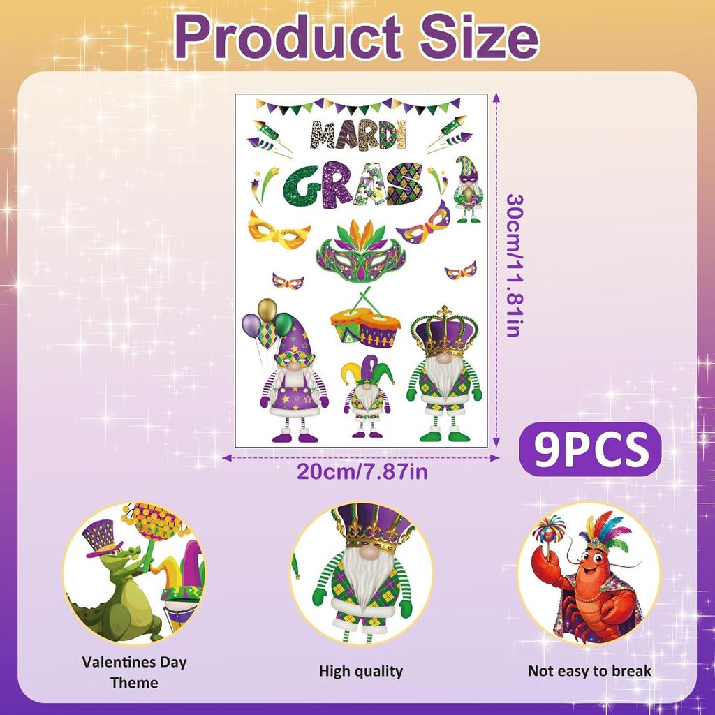 9 Sheet Mardi Gras Window Clings Mardi Gras Party Decorations Carnival Mask Fat Tuesday Lobster Reble Window Stickers Double-Sided for Masquerade
