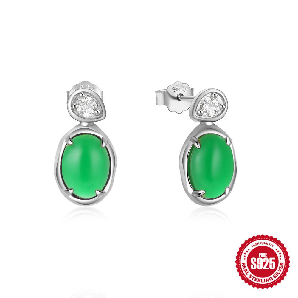 S925 Sterling Silver Simple Fashion Atmosphere High Retro Sense Sapphire Emerald Stud Earrings Earrings Earrings Ear Buckle Ear