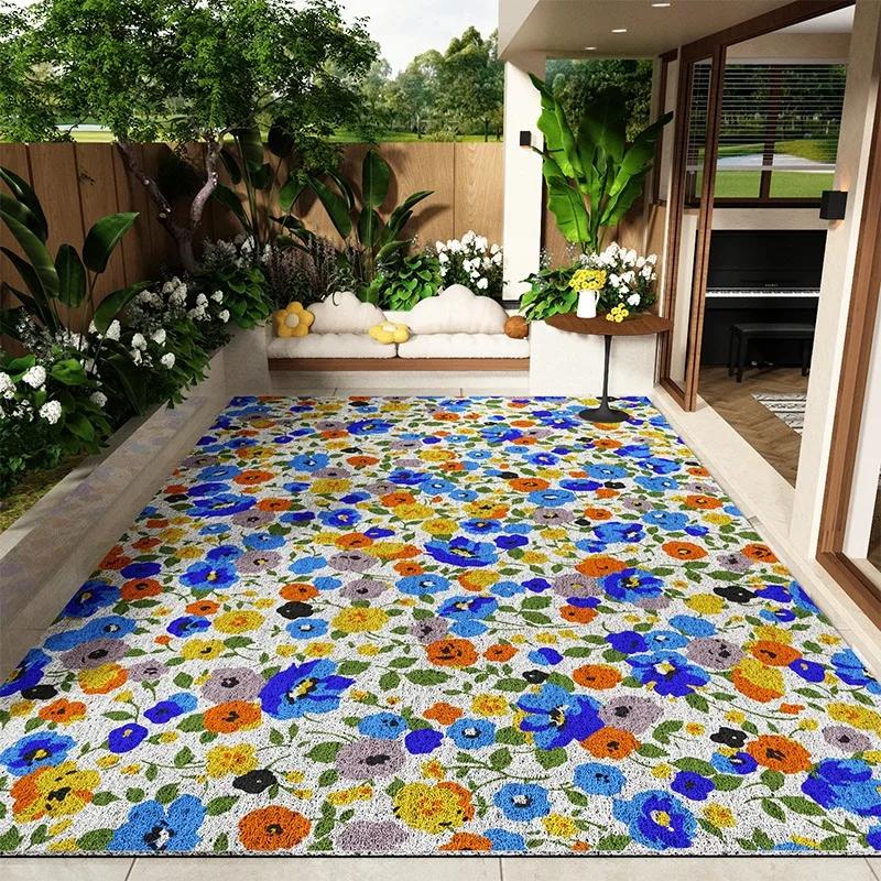 Balcony Floor Mats Non-slip Waterproof Sun-proof Carpet Flower Pattern Garden Courtyard Terrace Rug Large Size Home Decor Mats