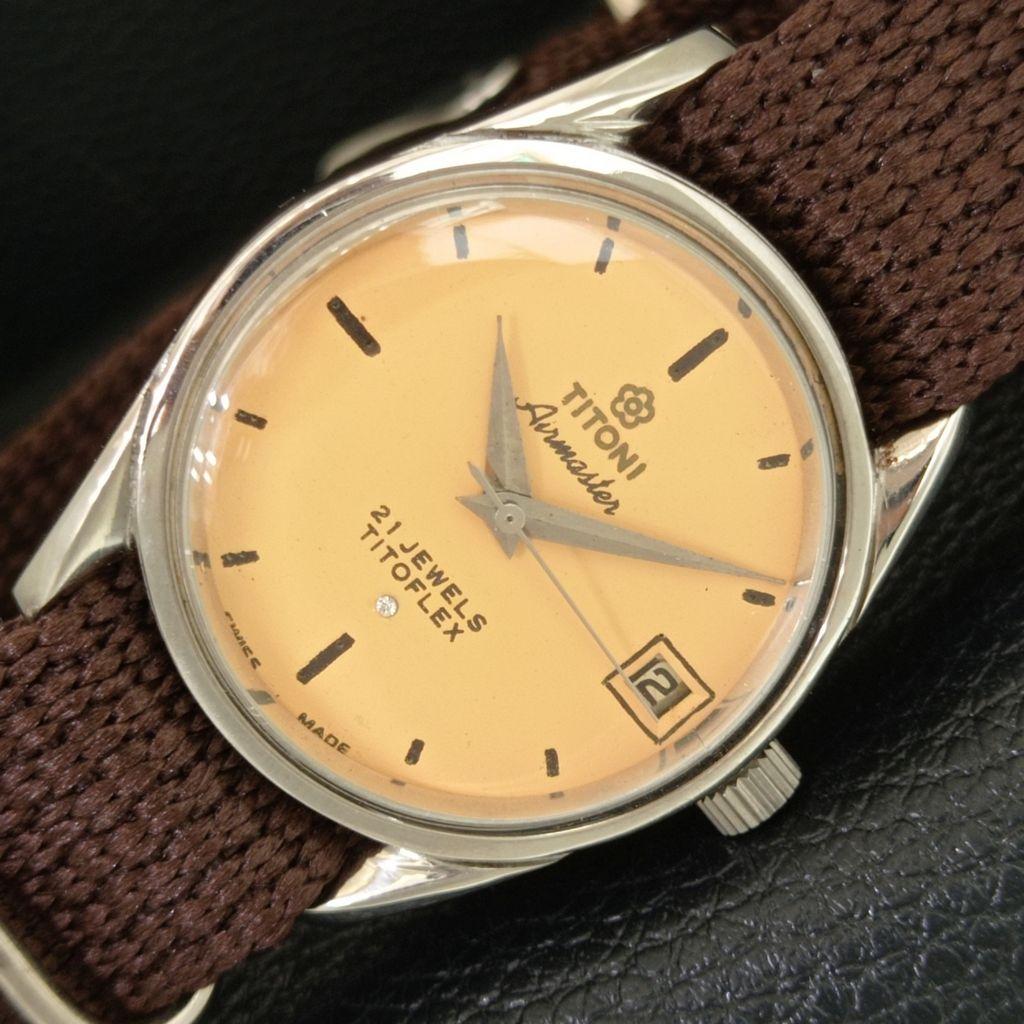 TITONI AIRMASTER TITOFLEX РУЧНОЙ ЗАВОД ВИНТАЖНЫЕ ШВЕЙЦАРСКИЕ МУЖСКИЕ БЕЖЕВЫЕ ЧАСЫ a705140-1