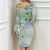 Women Plus Size Asymmetric Cold Shoulder Long Sleeve Blue Purple Gold Fluid Art Print Irregular Wrap Bodycon Midi Dress