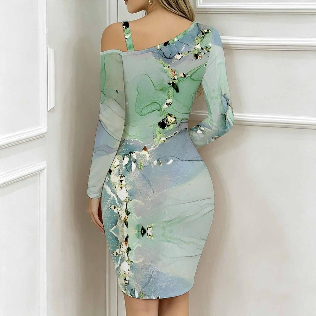 Women Plus Size Asymmetric Cold Shoulder Long Sleeve Blue Purple Gold Fluid Art Print Irregular Wrap Bodycon Midi Dress