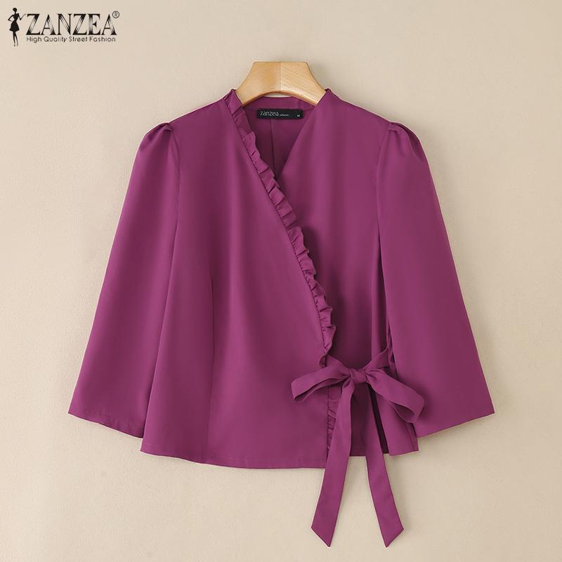 ZANZEA Blusa Casual de Verano para Mujer con Cuello en V y Manga 3/4 de Color Sólido