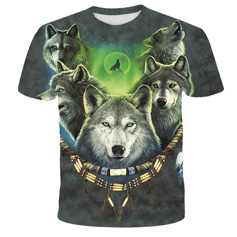 

Summer New wolf pattern digital printed short sleeved men s T-shirt round neck slim fit couple base shirt 6XL