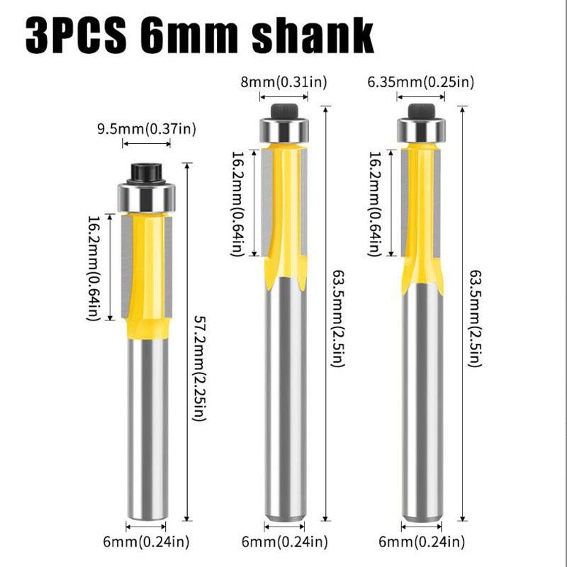 Three-edge Trimming Router Bit Woodworking Router Trimming Machine Milling Cutter Copying Slot Trimming Cutter 6mm 1/4inch shank