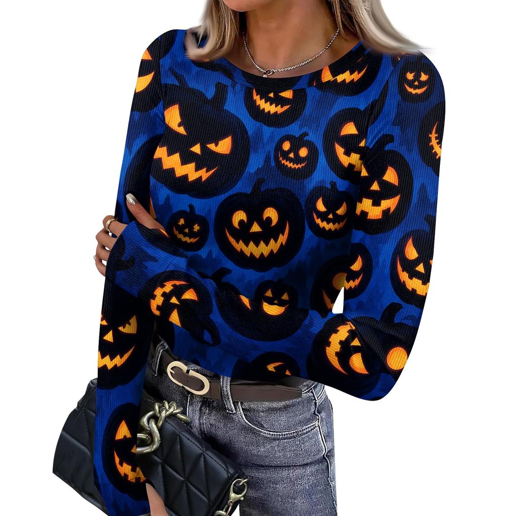 Women's Slim Fit Long Sleeve Halloween Printed T-Shirt with Thumb Holes Neck Pullover Base Layer