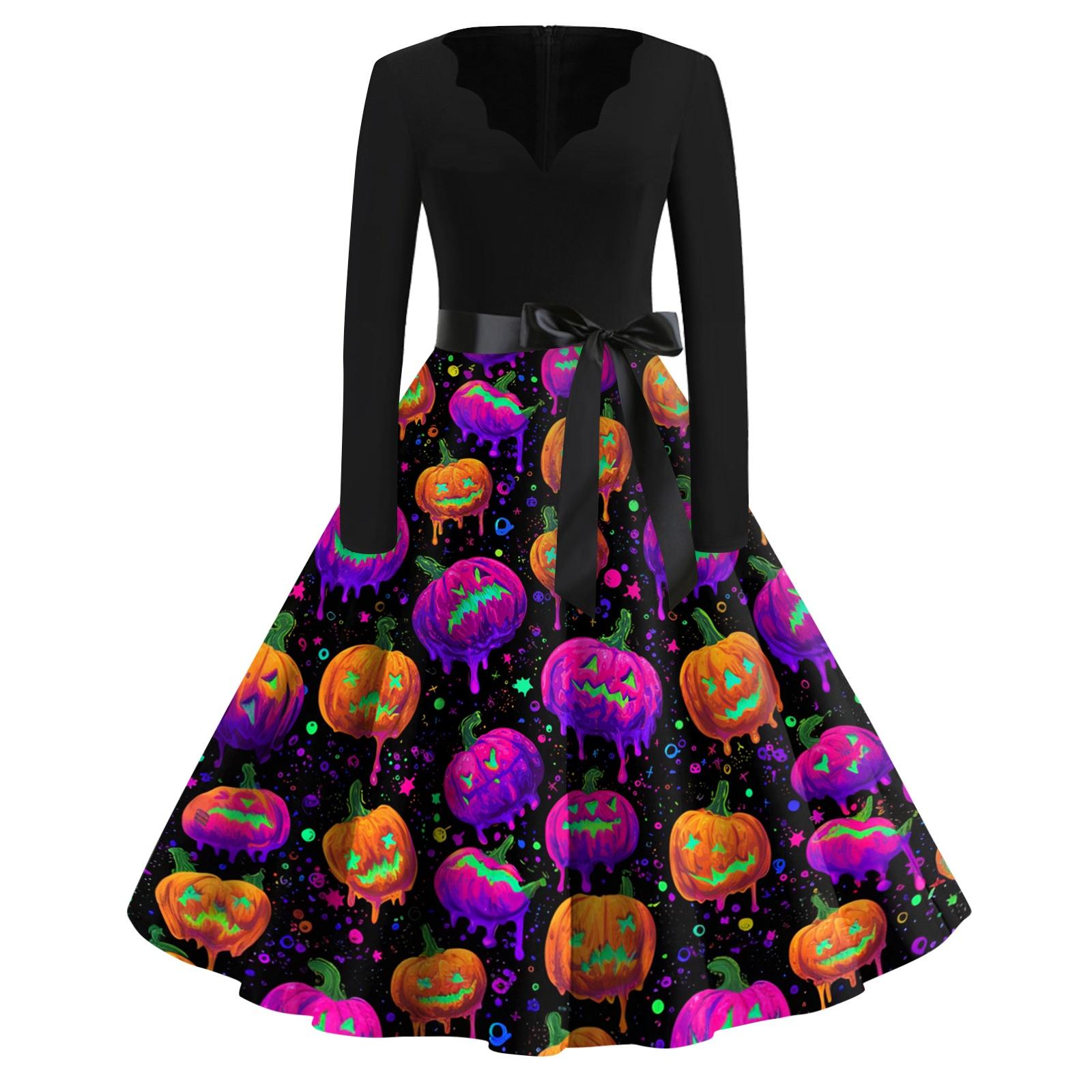 Women s Casual V Neck Halloween Print Vintage Dress Long Sleeve Retro Swing Skirt Belted Waistline Classic Fit Flared Hem XL фиолетовый