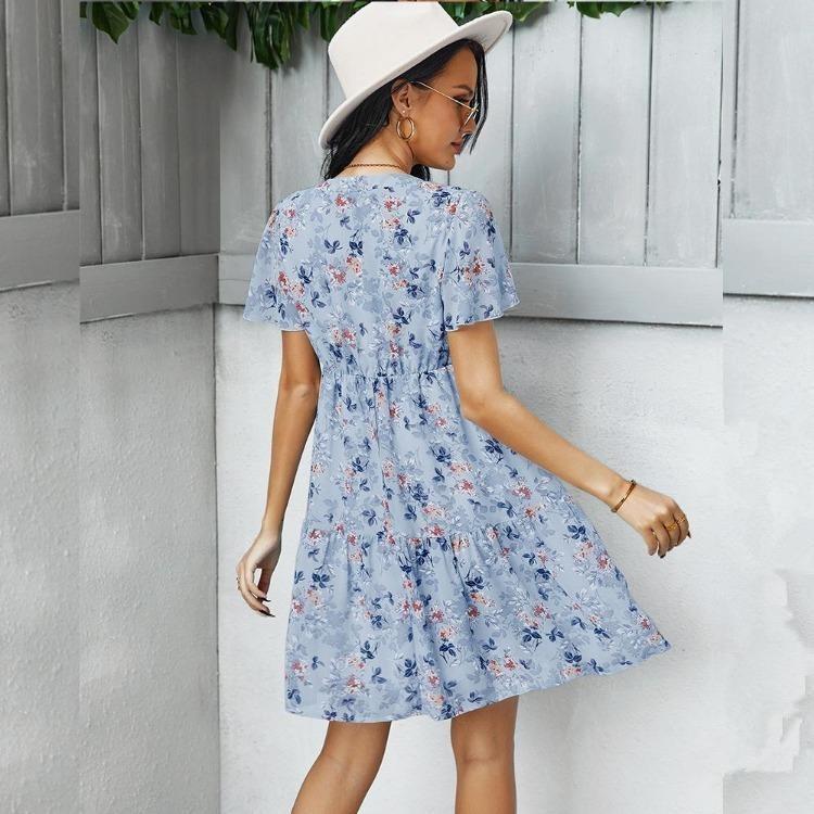 Women Summer Floral Chiffon Dress V Neck Short Sleeve Casual Spring Outfit