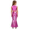 Girls 70s Disco Costume 2 Piece Set Metallic Gloss Sequins Sleeveless Top Split Bell Bottom Pants