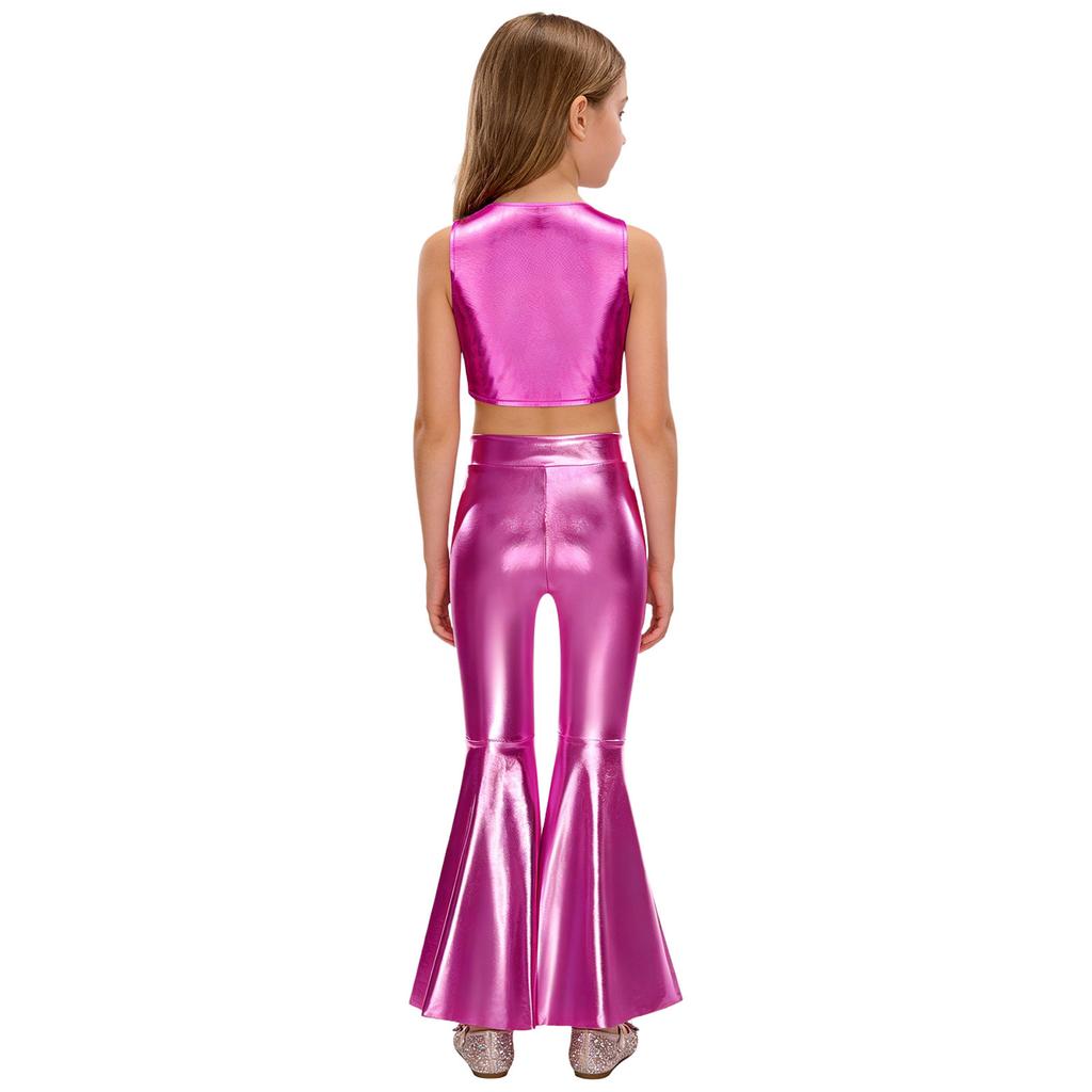 Girls 70s Disco Costume 2 Piece Set Metallic Gloss Sequins Sleeveless Top Split Bell Bottom Pants