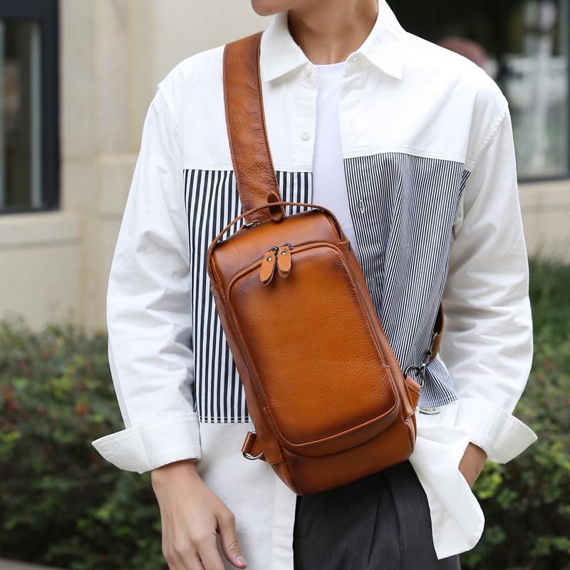 Men's Chest Bag 100% Genuine Leather Crossbody Shoulder Bags Multifunction Travel Cow Leather Outdoor Messenger Pack Fashion