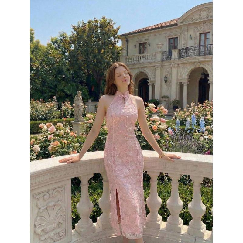 European retro temperament jacquard split design elegant waist hanging neck sleeveless long dress XS