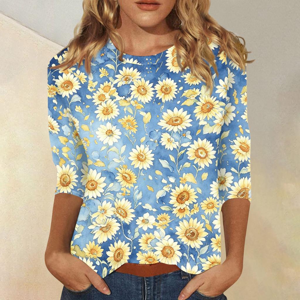 Women's Casual 3/4 Sleeve Floral Print Round Neck Top Lightweight Comfortable Fit Soft Fabric Blouse for Everyday Wear