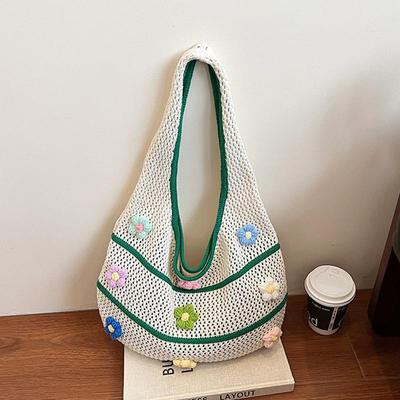 Fashion Knit Beach Bag for Women Large Capacity Summer Tote with 3D Floral Decor Girls Casual Shoulder Handbag Travel Bags