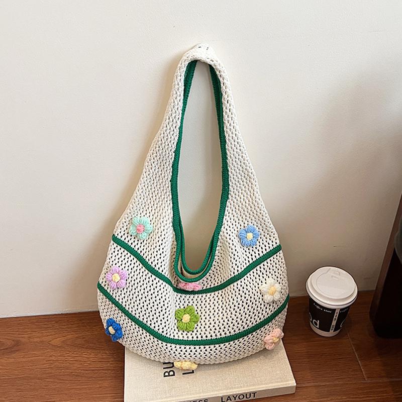 Fashion Knit Beach Bag for Women Large Capacity Summer Tote with 3D Floral Decor Girls Casual Shoulder Handbag Travel Bags KTB