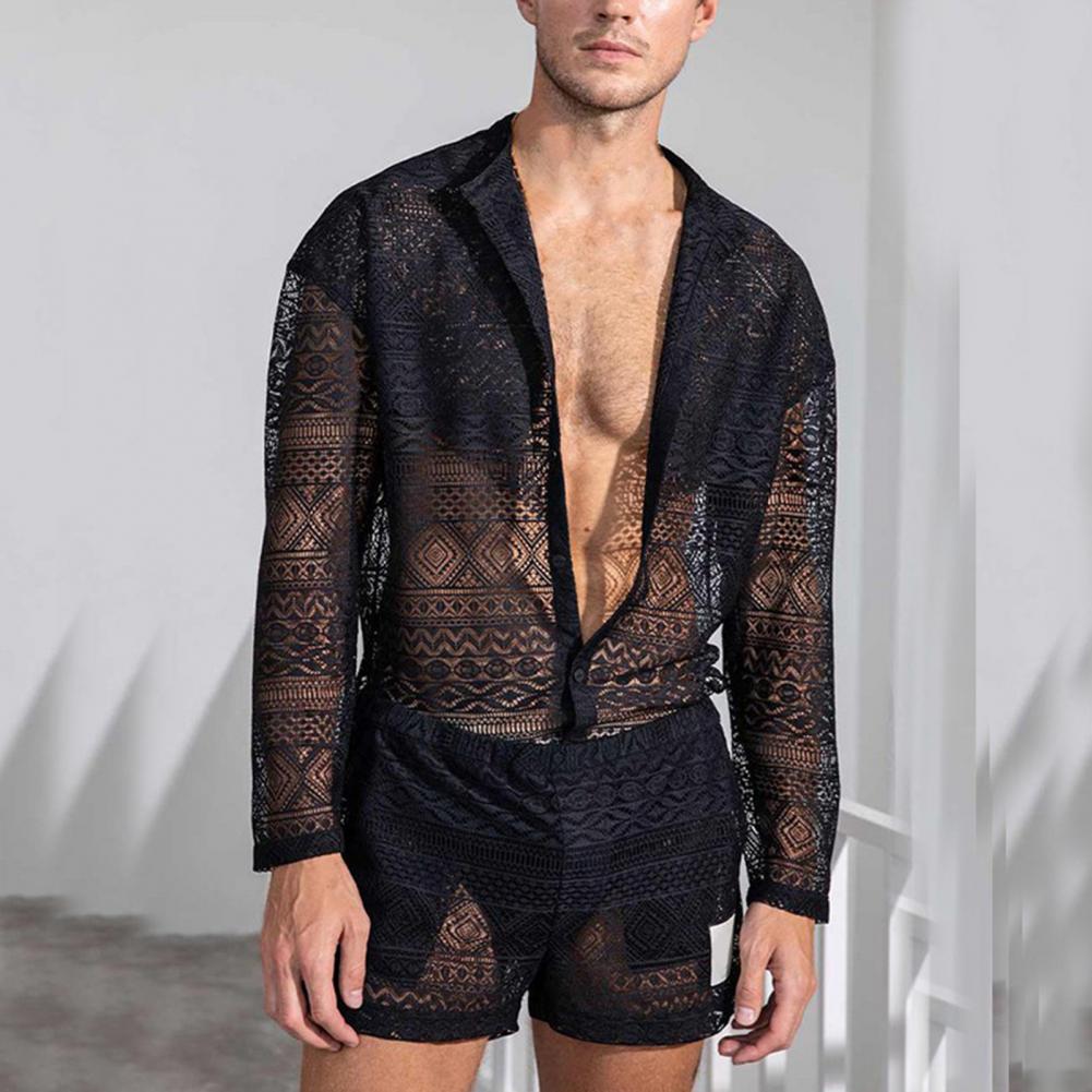 1 sada Populární pánský outfit Sexy muži Top šortky Hollow Out Průhledné Háčkované Košile Šortky Single Breasted