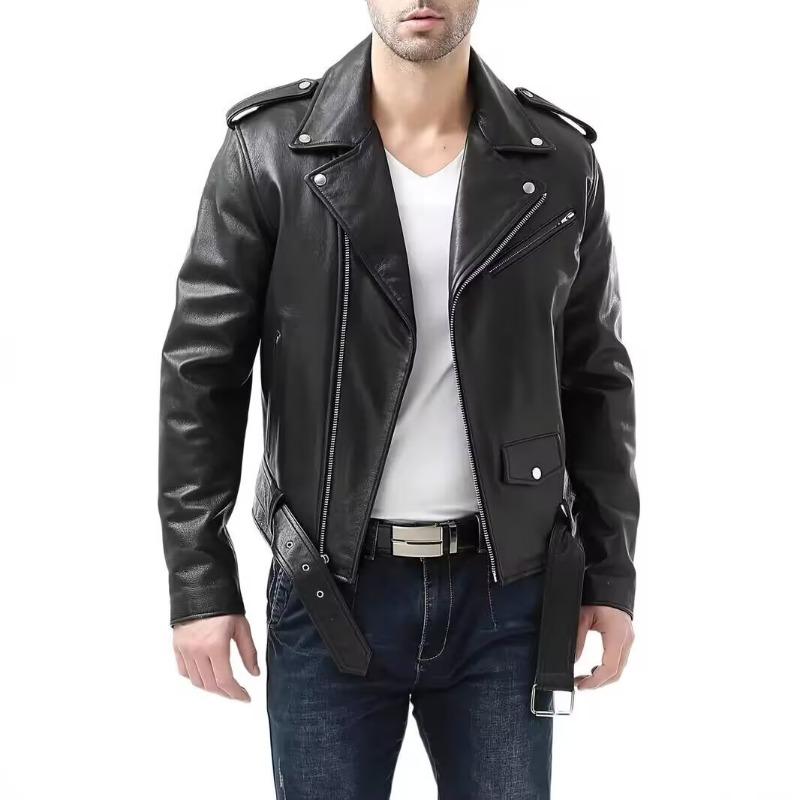 Frühling Klassische Motorrad Oblique Zipper Jacken Männer Leder Natürliche Kalbsleder Dick Schlank Rindsleder Moto Biker Mann