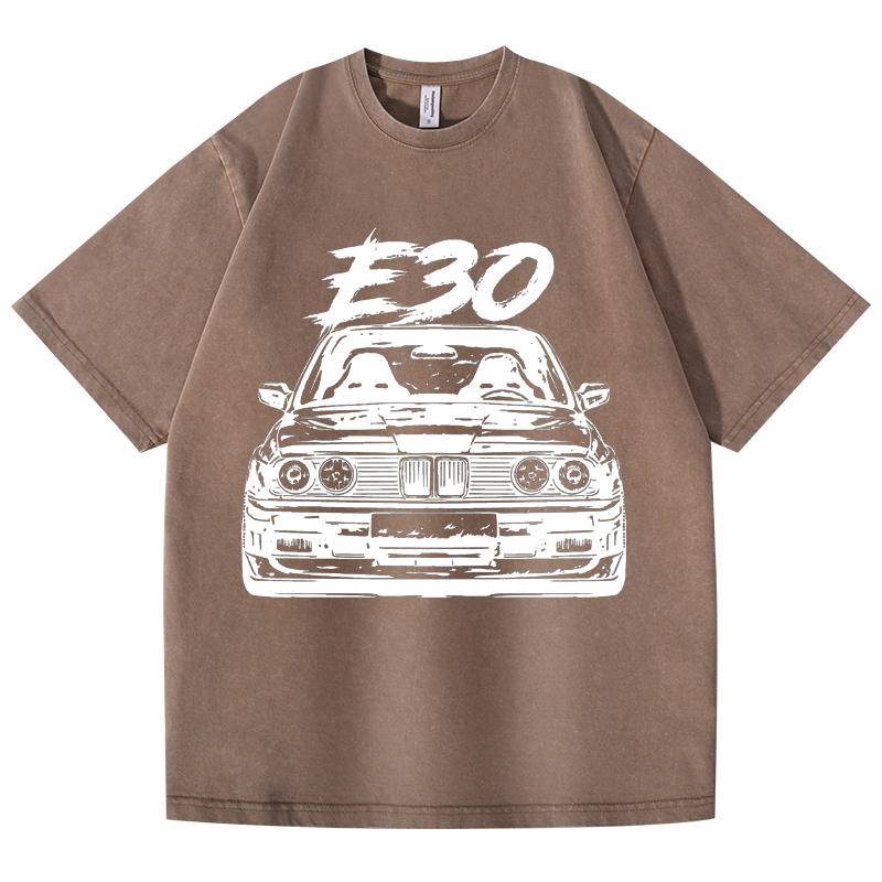 Retro Vasket Vintage T-skjorte E30 Bil 100% Bomull T-skjorte Fleece Tykk Varm Dame Herre Hip Hop Trykket Rund hals T-skjorte