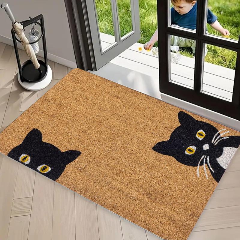 Cartoon Cat Rabbit Flower Print Coir Doormat, Non Slip Entrance Rug, Durable Floor Mat for Front Door Porch Patio Decor 40x60cm