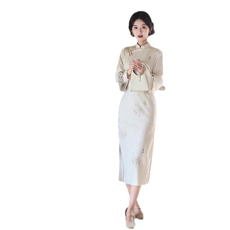 Fashion Improvement New Chinese Long Inverted Long-sleeved Cheongsam Autumn and Winter New Loose Version Daily Wear Cheongsam