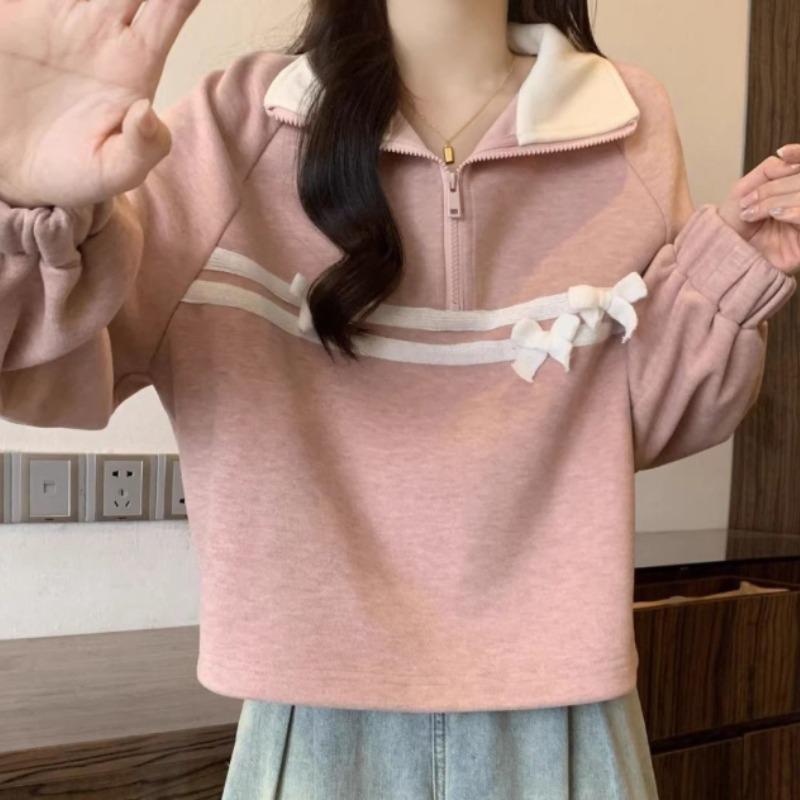 Pink Half Zip Ladies Hoodless Hoodie Loose Turndown Collar Bow Patchwork Design Women's Sweatshirt Autumn Trendy Fashionable Casual Famale Pullovers