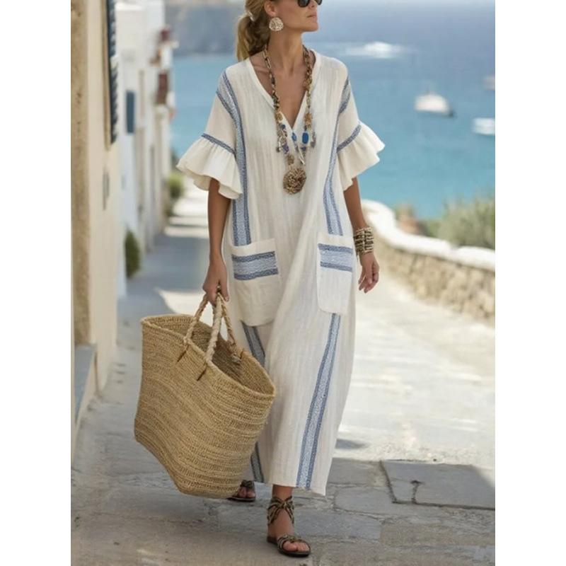 3D digital printing V-neck five-quarter sleeve long pocket Kaftan dress