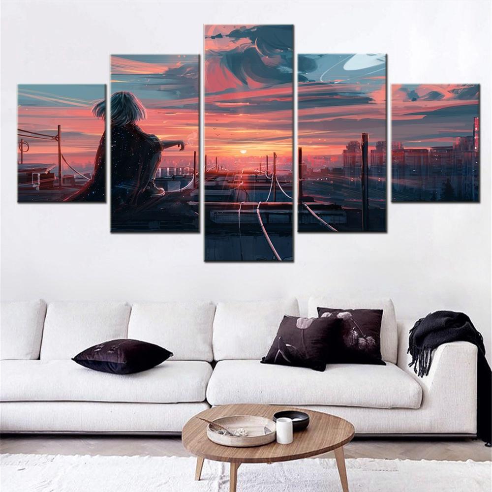 5 Pieces Canvas Wall Arts Cityscapes Poster Painting Far From Tomorrow Wallpaper Home Decor Picture Print Living Room Artwork
