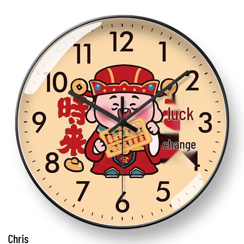 God of Wealth Luxury Silent Wall Clock - New Chinese Style for Living Room 8 inch