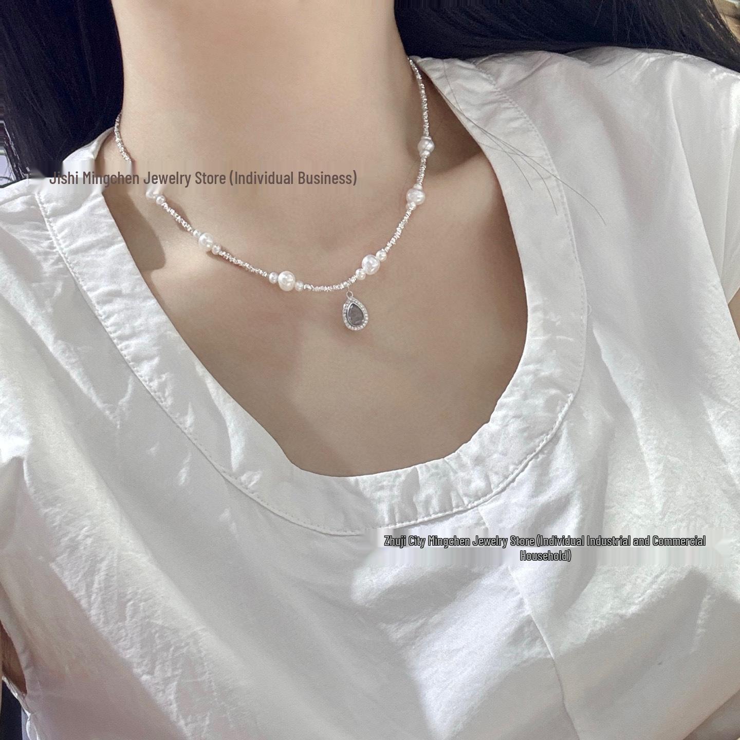 S925 Silver Water Drop Aquamarine and Freshwater Pearl Clavicle Chain Necklace 3-7mm Natural Freshwater Pearls